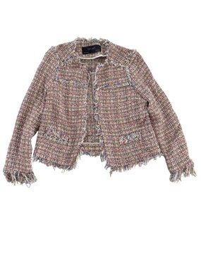 Zara Rainbow Tweed Fringe Open Front Blazer - Classic Bouclé Jacket